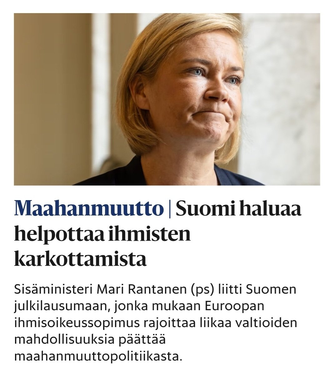 joakimvigelius's tweet photo. "Sisäministeri Mari Rantanen on liittänyt Suomen 27 maan julkilausumaan, joka vaatii Euroopan ihmisoikeussopimuksen tulkintojen muuttamista maahanmuuttajien karkotusten helpottamiseksi."

Kiitos @MariPSRantanen. Suomen arvoinen sisäministeri. https://t.co/dfdZPd57LM