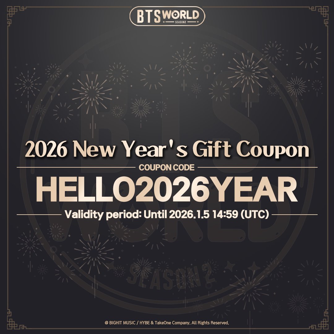 🎫 ] 2026 New Year Coupon Welcome the New Year with BTS WORLD Season 2 and  dive into 2026 with fresh excitement ⋆˚࿔♫⋆˚࿔ 🎁Gift: Memorial Disc Stage 2  x20 + Lucky