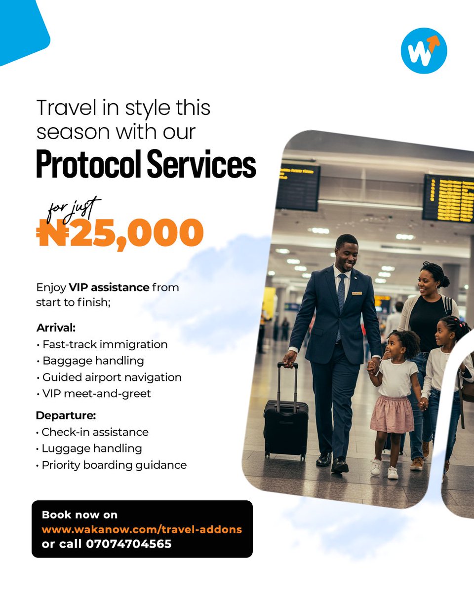 Wakanowdotcom's tweet image. Travel in style this season with Wakanow's Premium Protocol Services! 

Experience VIP treatment from the moment you arrive until you depart.

Book now on wakanow.com/travel-addons or call 07074704565

Let's Go!

#wakanow #ProtocolServices #VIPTravel #AirportServices #LuxuryTravel