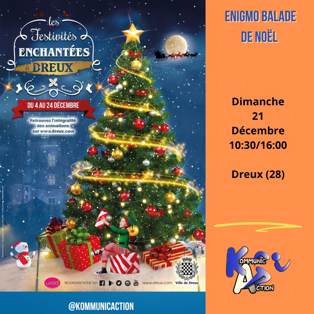 KommunicAction's tweet photo. Nous serons également le dimanche 21 décembre en centre ville de Dreux pour les festivités de Noël !

Un ENIGMO BALADE pour découvrir les belles vitrines de Noël et essayer d’ouvrir les coffres-forts…

100% gagnant : de nombreux titres de livres à gagner pour tous https://t.co/rvojq1E4db