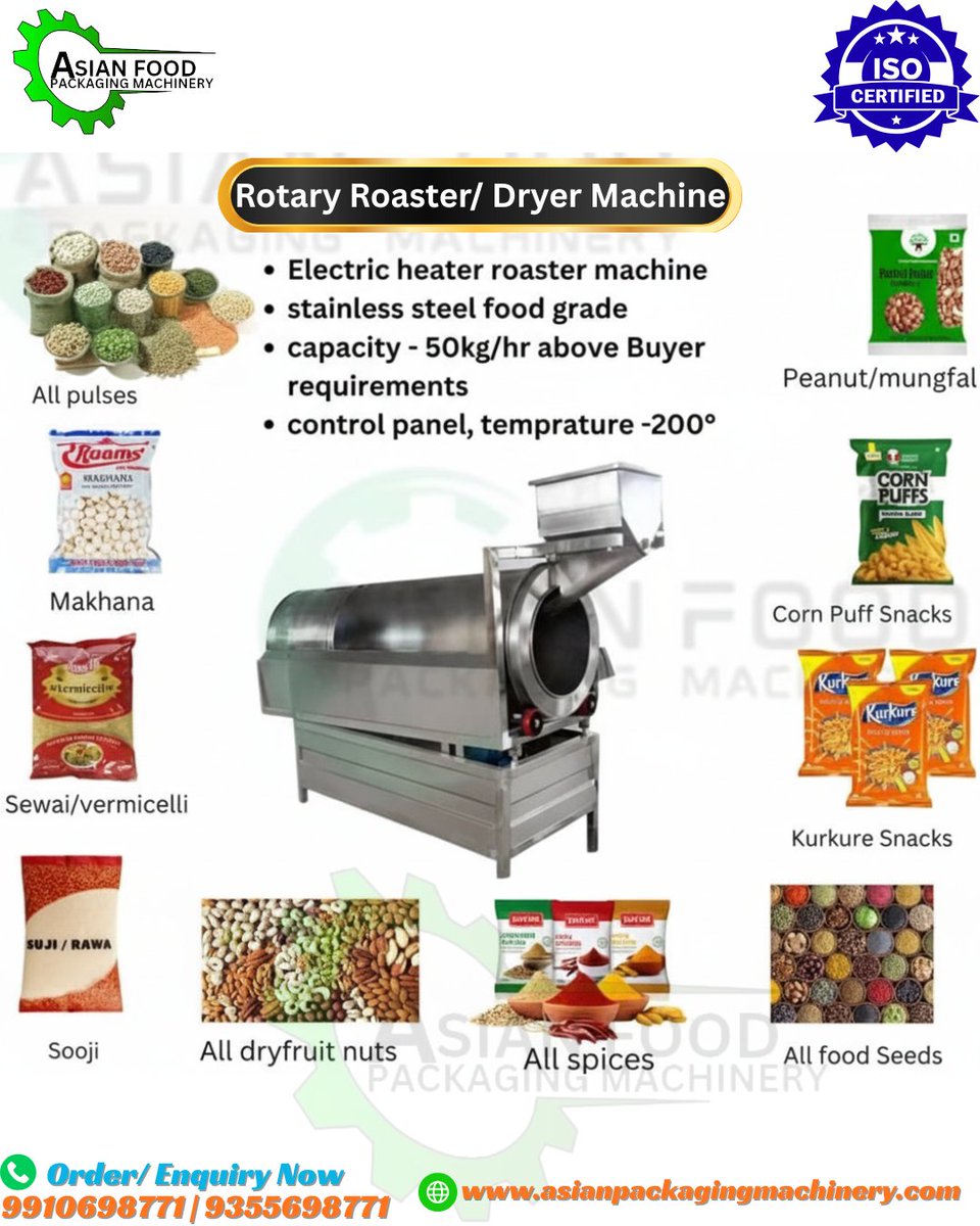 asian23756's tweet image. Our Rotary Roaster is designed for all food processing needs—
 Pulses, Makhana, Dry Fruits, Snacks &amp;amp; more!
⚙ Food-grade SS
⚙ Electric heater
⚙ 50kg/hr+ capacity
⚙ 200° temperature control
 #RoasterMachine #FoodProcessing #IndustrialMachinery #SnackManufacturing #MakeInIndia