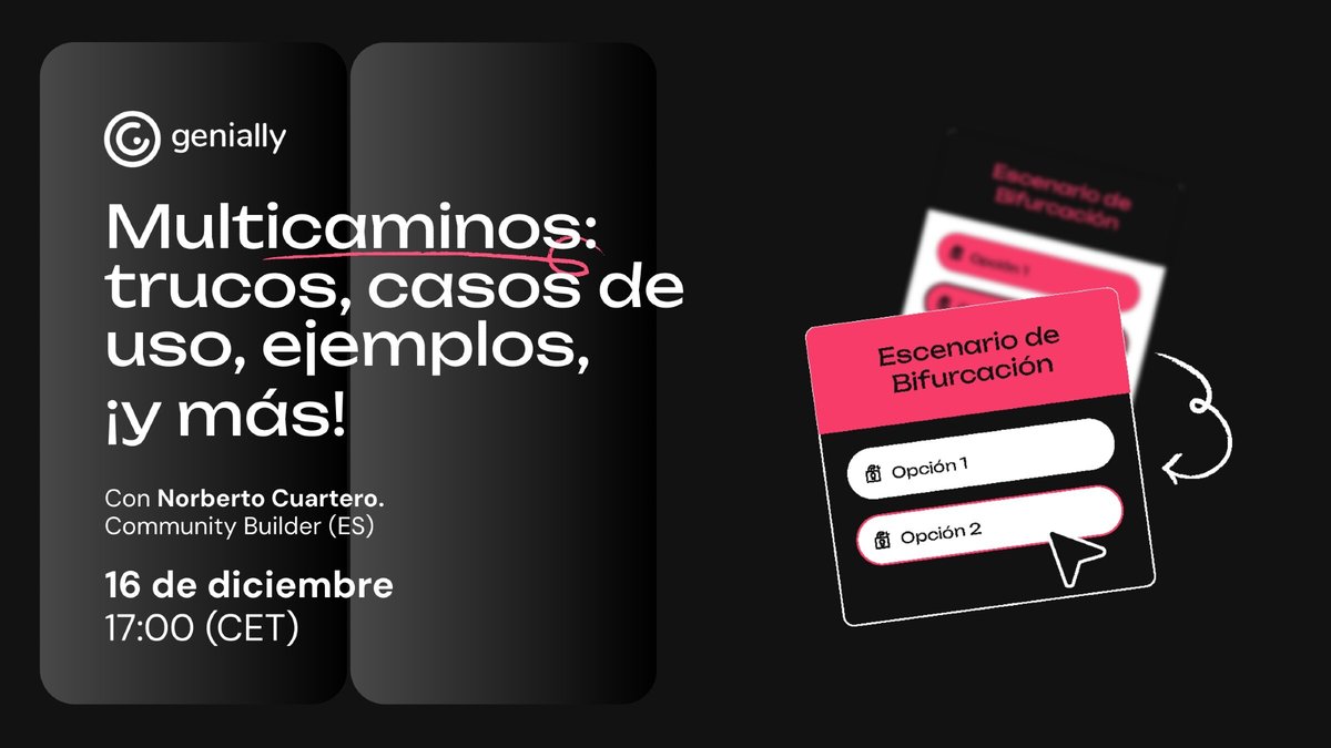 TALLER ONLINE 🎉 Multicaminos de Genially

Aprende a crear experiencias con múltiples rutas en las que cada decisión conduce a una página distinta. Hemos preparado esta sesión online donde podrás despejar tus dudas en directo. 

📆​ 16 de diciembre, 17.00h (hora de Madrid)