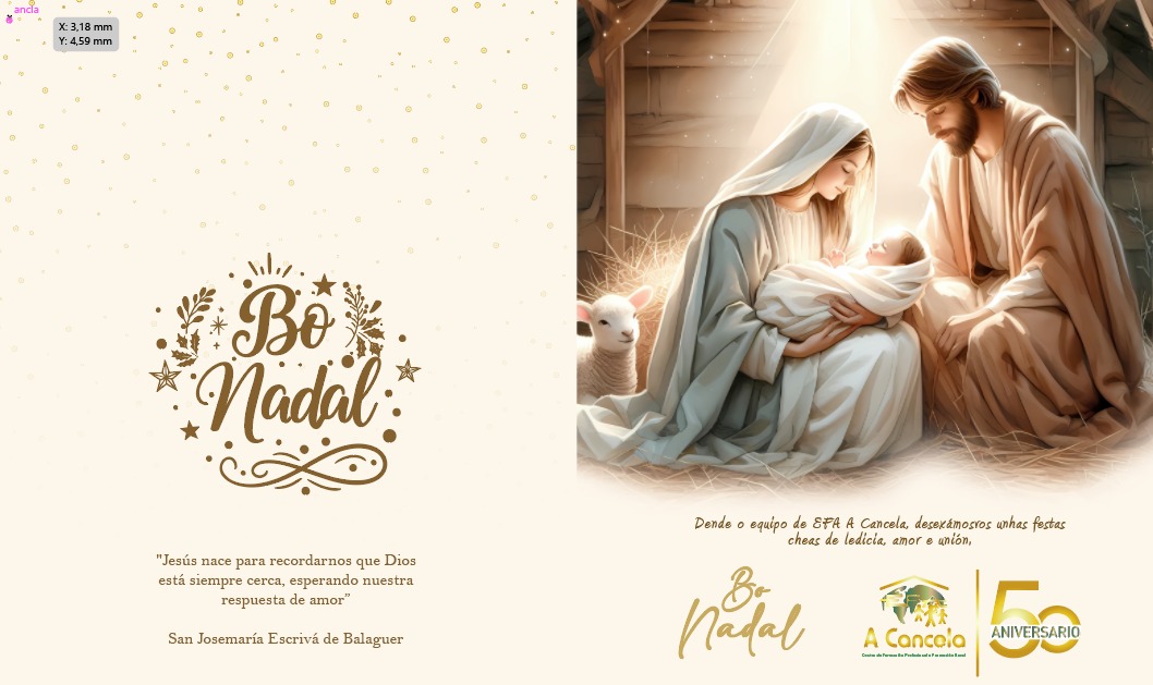 ✨ Dende EFA A Cancela queremos desexarvos un Bo Nadal e un Aninovo cheo de ilusión! ✨
Grazas por acompañarnos un ano máis, por formar parte desta gran familia e por seguir confiando no noso proxecto educativo.
🎄 Felices Festas e moita forza para o 2026! 🎄