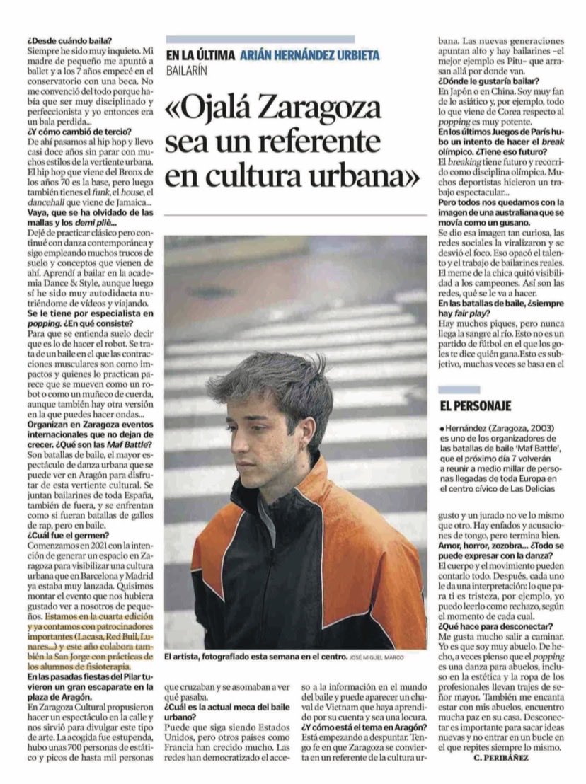 🤸🏽‍♂️𝘼𝙡𝙪𝙢𝙣𝙞🤸🏽‍♂️
Queremos dar la enhorabuena a nuestro alumno egresado Arián Hernández por su entrevista en <a href="/heraldoes/">Heraldo de Aragón</a> . Arián es artista de baile y es miembro organizador de las batallas de baile “Maf Battle”. Desde el grado te deseamos éxitos profesionales y personales.
