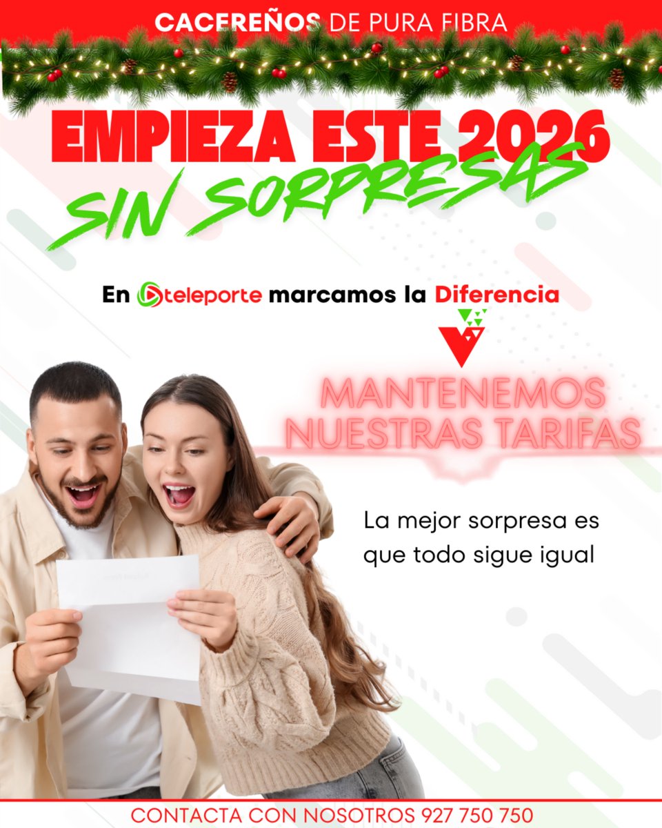 🎉 En 2026 seguimos igual… ¡de bien!
En Teleporte mantenemos nuestras tarifas 💪
✔️ Sin sorpresas
✔️ Sin subidas
✔️ Siempre contigo

📞 927 750 750
🌐 teleporte.es

#SinSorpresas #Teleporte #FibraCáceres #Feliz2026