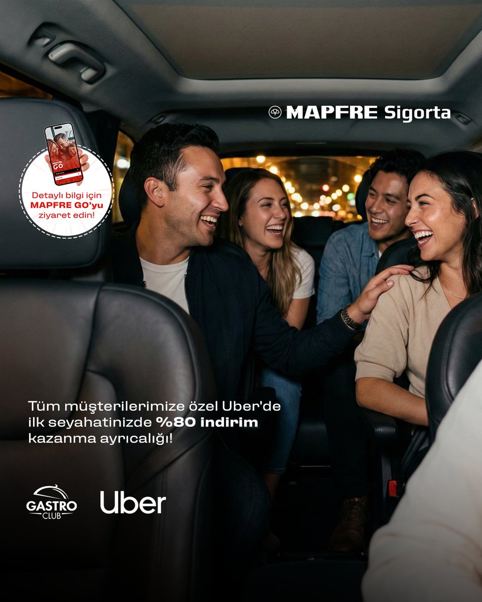 “Eve nasıl döneceğiz?” düşüncesini biz hallettik.

Tüm müşterimize özel Uber’de ilk seyahatinizde %80 indirim hediye!

Detaylar için MAPFRE GO mobil uygulamamızı ziyaret edebilirsiniz. 📲 Onelink.to/za4t5z

#MAPFRESigorta #Uber
