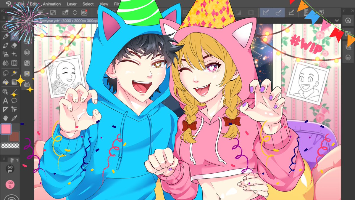 WIP time bestiesss!! 🎉💫
rawrrr… it's so much fun colouring this YCH New Year~ can't wait to show you the final result!!🩵🩷

#wip #vgenartist