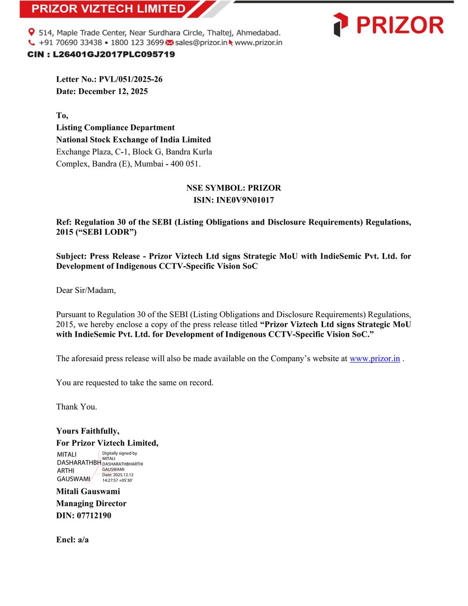 nileshkurhade's tweet photo. 📌 Prizor Viztech Limited informed the exchange about signing a Strategic MoU with IndieSemic Pvt. Ltd. for Development of Indigenous CCTV-Specific Vision SoC. Prizor will lead the validation and field-testing of the ISC-S2-PZ design and then use its global supply and manufacturing channels to bring the Make in India chip to market. Prizor gains strategic commercial deployment in the series of product and exclusive distribution rights for the ISC-S2-PZ in India and internationally for a three-year term following validation, and has committed to initially purchase 50 Lakhs units per year for at least three years. #SME #PRIZOR 🤝💡