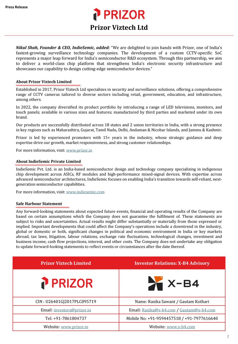 nileshkurhade's tweet photo. 📌 Prizor Viztech Limited informed the exchange about signing a Strategic MoU with IndieSemic Pvt. Ltd. for Development of Indigenous CCTV-Specific Vision SoC. Prizor will lead the validation and field-testing of the ISC-S2-PZ design and then use its global supply and manufacturing channels to bring the Make in India chip to market. Prizor gains strategic commercial deployment in the series of product and exclusive distribution rights for the ISC-S2-PZ in India and internationally for a three-year term following validation, and has committed to initially purchase 50 Lakhs units per year for at least three years. #SME #PRIZOR 🤝💡