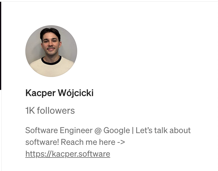 Huge thanks for helping me hit 1k followers on Medium!

I haven't been very active this year for various reasons, but I promise to release some great articles next year ;)

See my previous articles here: blog.kacper.software