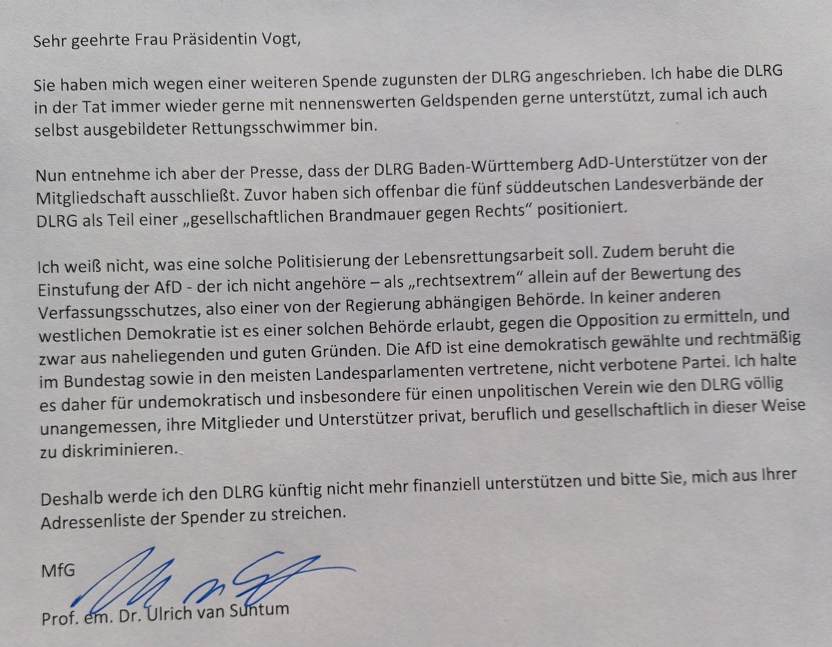Pietbull47's tweet image. Nachdem ich den DLRG viele Jahre finanziell unterstützt habe, stelle ich dies nun ein und habe das der Präsidentin mitgeteilt (s.u.).  Ich bin kein AfD-Mitglied, halte aber die Diskriminierung von Mitgliedern einer demokratisch gewählten Partei für zutiefst undemokratisch.