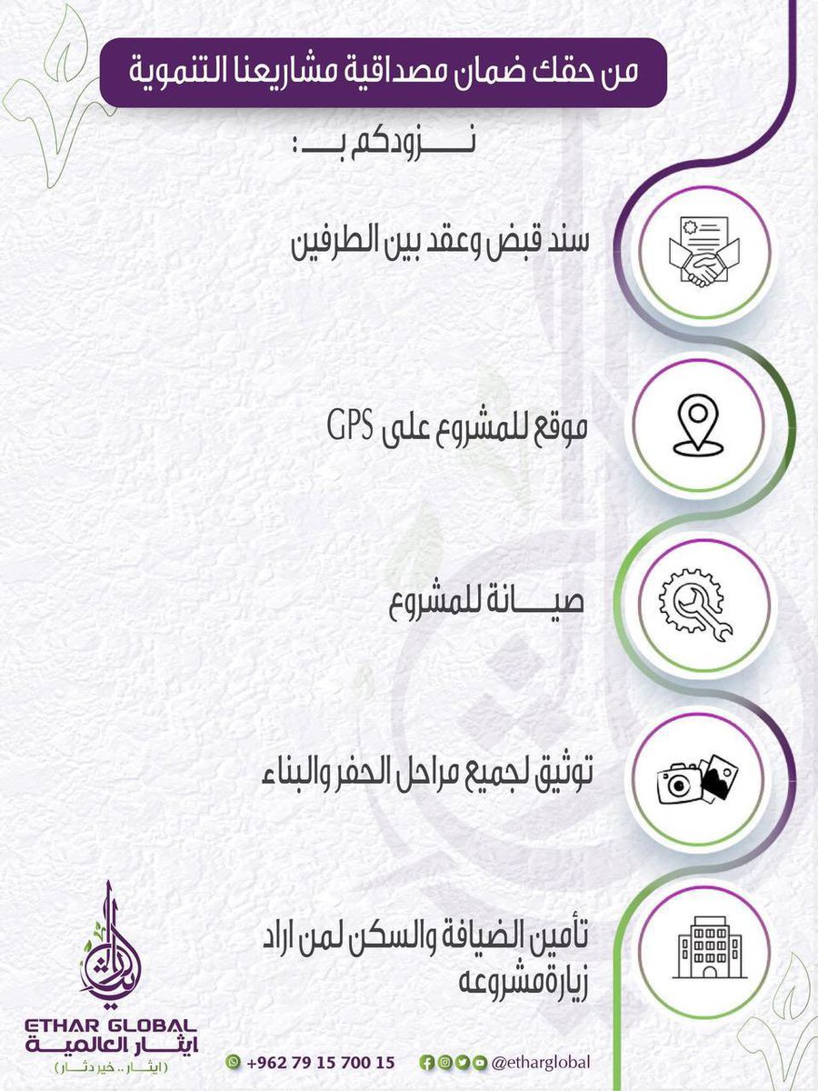 ethargloball's tweet photo. مع إيثار العالمية .. ثقتك مسؤوليتنا 

نحن نؤمن أن الشفافية هي أساس نجاح أي مشروع تنموي، لذلك نوفر لك كل الضمانات التي تطمئن قلبك وتثبت مصداقيتنا : 

✅ سند قبض وعقد رسمي بين الطرفين لضمان الحقوق.

✅ موقع المشروع على GPS لتتابع موقعه بدقة.

✅ خدمة الصيانة الدورية لمشروعك حتى بعد التنفيذ.

✅ توثيق كامل بالصور والفيديو لجميع مراحل الحفر والبناء.

✅ تأمين الضيافة والسكن لكل من يرغب بزيارة مشاريعه على أرض الواقع.

💡 معنا، مشروعك تحت عينك خطوة بخطوة .. لأن ثقتك غايتنا !

ايثار العالمية - Ethar Global

https://t.co/v82kdhrFYK

info@etharglobal.com

📍 للاستفسار والتواصل:

0791570015📞

📲 تابعنا: @etharglobal

#إيثار_العالمية #مشاريع_تنموية #ثقة_ومصداقية #استثمار_آمن #بناء_مستقبل #تنمية_مستدامة #الأردن #خدمات_تنموية