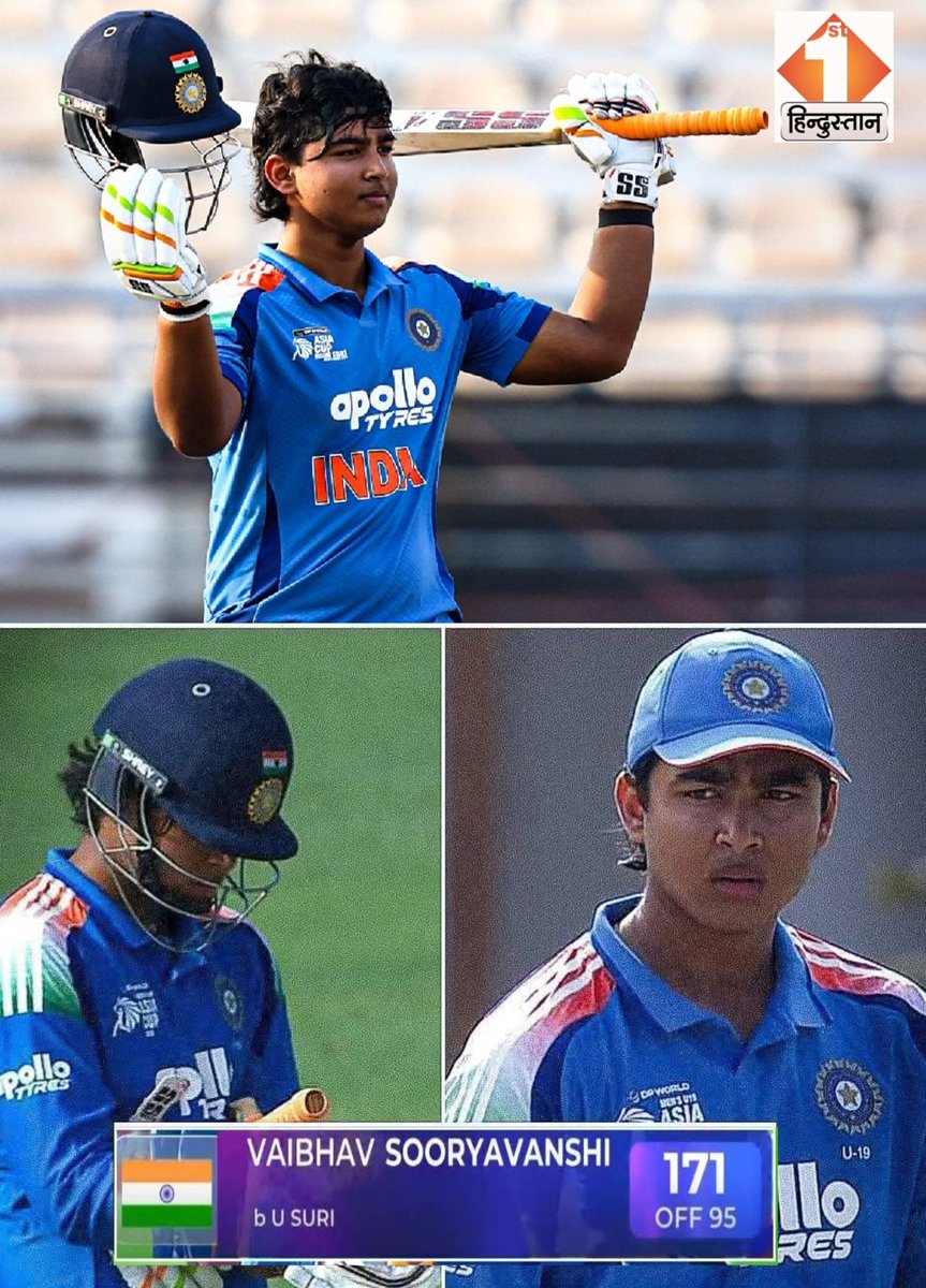icricketaddict's tweet photo. एशिया कप U19 में वैभव सूर्यवंशी ने गर्दा उड़ा दिया। UAEU19 के खिलाफ मात्र 95 गेंद में 171 रनों की तूफानी पारी खेले जिसमे 9 चौके और 14 छक्के उड़ाए। 50 ओवर में भारत का स्कोर 433 रन है।

#news #Bihar #VaibhavSuryavanshi #cricket #rohitsharma #viratkohli #Livescore #TeamIndia https://t.co/hq08R0G548