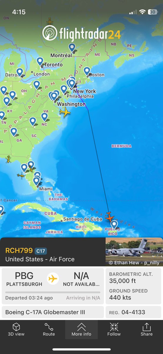 Americaonly9's tweet image. C-17 landing in Puerto Rico. From Burlington Vermont. Today: “F-35A Lightning lls with the “Green Mountain Boys” Vermont Air NG’s 134th Fighter Squadron, 158th fighter Wing, out of Burlington Air National Guard Base, told to prepare for deployment to the Caribbean” &amp;amp; now this