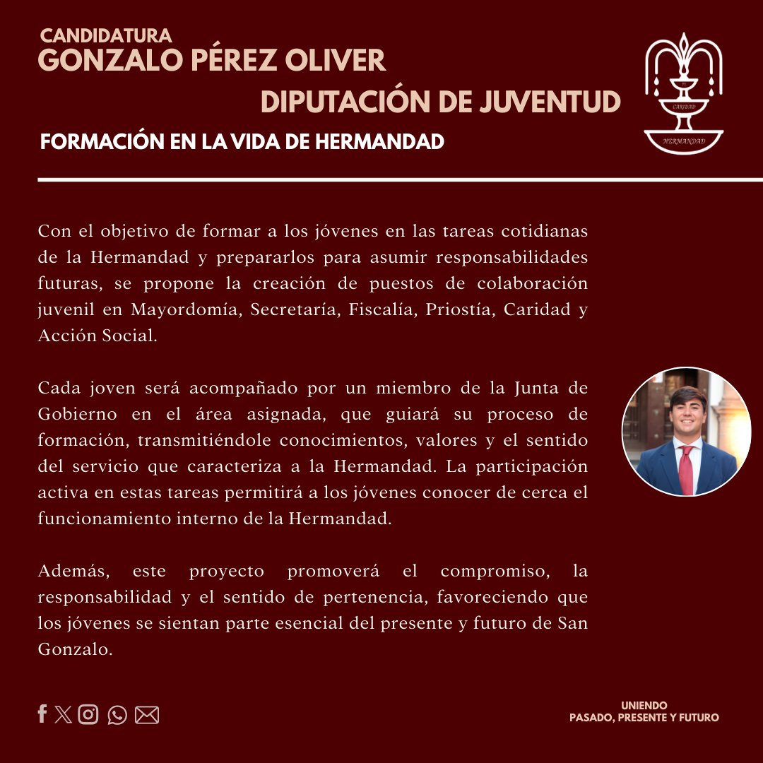 cperezoliver's tweet photo. PROYECTO | 🔊Presentamos el proyecto de la Diputación de Juventud.  

Su propuesta se centra en la recuperación de las Jornadas Culturales de la Juventud, formación en la vida de hermandad, entre otras iniciativas. 

#CandidaturaGonzaloPerezOliver https://t.co/lcTxzXPC50