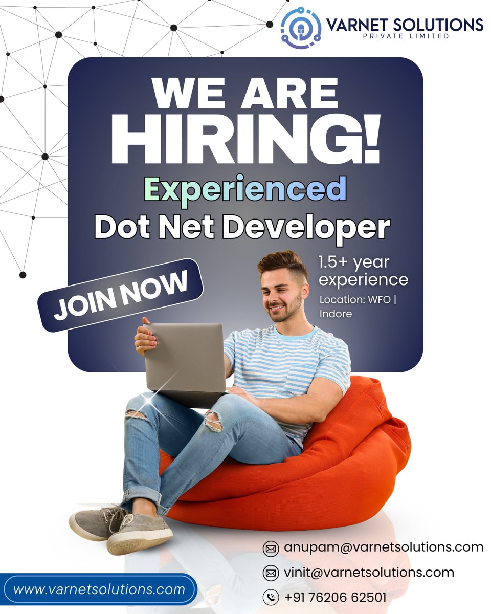 Varnet_solution's tweet image. 🚀 We’re Hiring in Indore!
If you’re an Experienced Dot Net Developer (1.5+ Years) looking to grow with a future-ready tech team, this is your chance!

Apply today! 💙
📧 anupam@varnetsolutions.com
📧 vinit@varnetsolutions.com
📞 +91 76206 62501

#dotnetdeveloper #dotnetjobs
