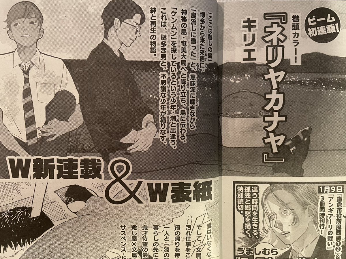 kyrie_matthew's tweet photo. 年明けから新連載始まります。
1月発売「コミックビーム」
表紙＆巻頭カラーで掲載です。

神秘の島奄美を舞台に、謎多き男と不思議な少年が織りなす絆と再生の物語。

よろしくお願いします。 https://t.co/RzUq08BCgZ
