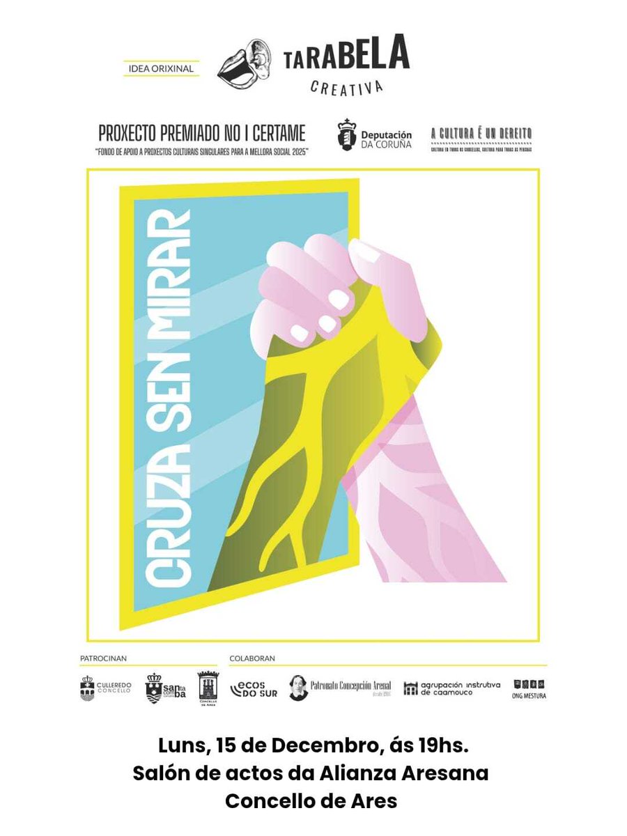 ℹ️ Ares acolle o talk-show de ‘Cruza sen Mirar’

🔹 O equipo de Tarabela Creativa, co apoio económico do Concello de Ares, continúa a desenvolver o seu proxecto ‘Cruza sen mirar’, un diálogo entre a emigración da vila no pasado e a súa inmigración no presente 🌍.