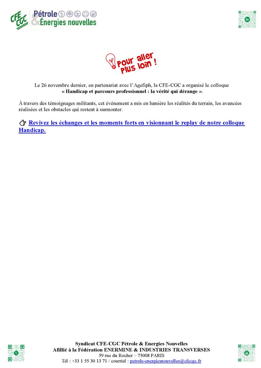 la <a href="/cfecgc_PEN/">CFE-CGC Pétrole & Energies Nouvelles</a>  et heureuse et fier d’annoncer la signature de l’accord de branche sur l’insertion professionnelle et l’emploi des personnes en situation de #handicap dans les industries pétrolières !

Un travail collectif mené par la CFE-CGC Pétrole &amp; Energies Nouvelles, en lien