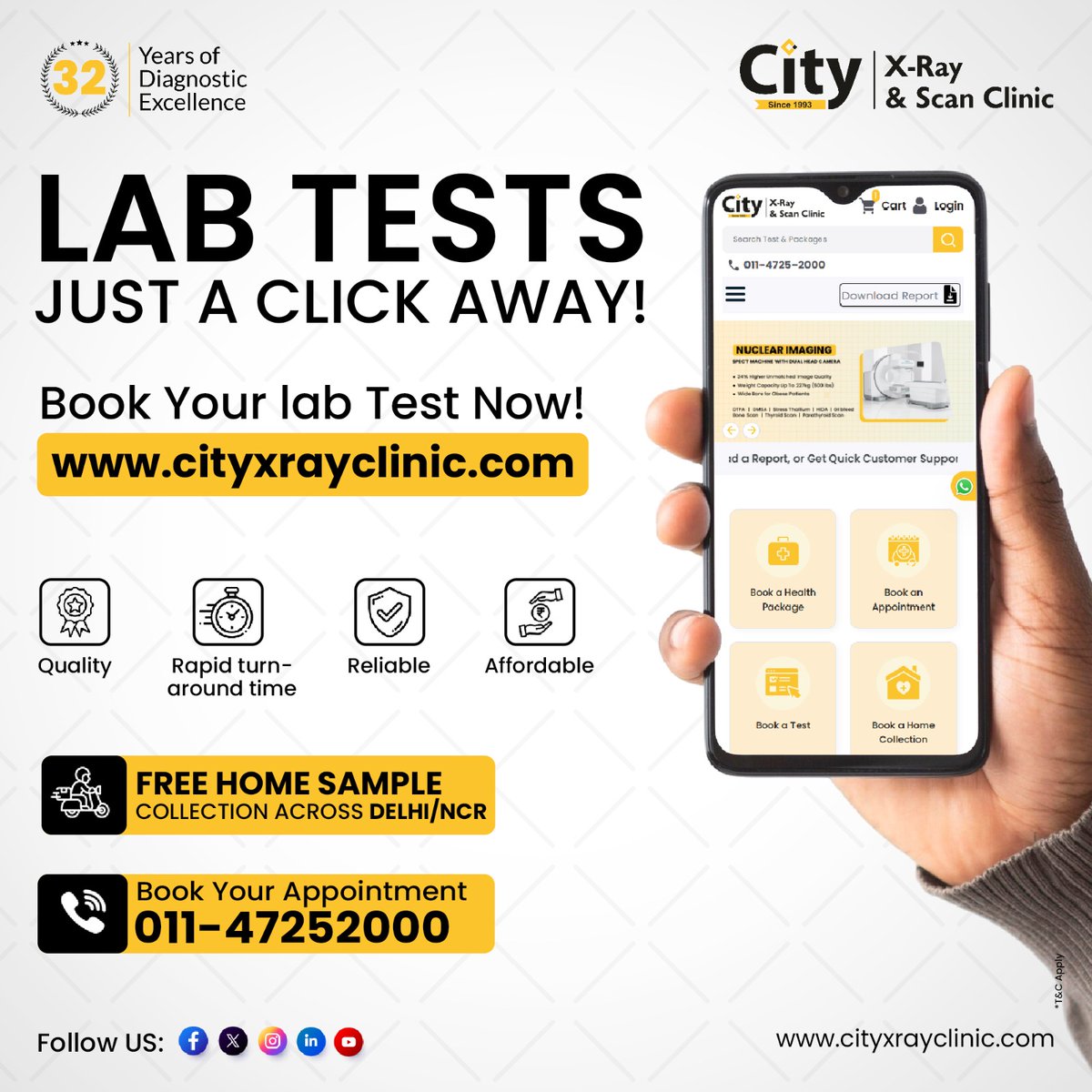 CityXrayClinic's tweet image. Your lab tests are now just 𝐎𝐍𝐄 𝐂𝐋𝐈𝐂𝐊 away.
Skip the queues, book from anywhere

𝐕𝐢𝐬𝐢𝐭: cityxrayclinic.com
Fast. Reliable. Affordable.

Free Home Sample Collection available across Delhi/NCR.

#Cityxray #BookOnline #Diagnostic #Healthcare #BookNow #FastReports