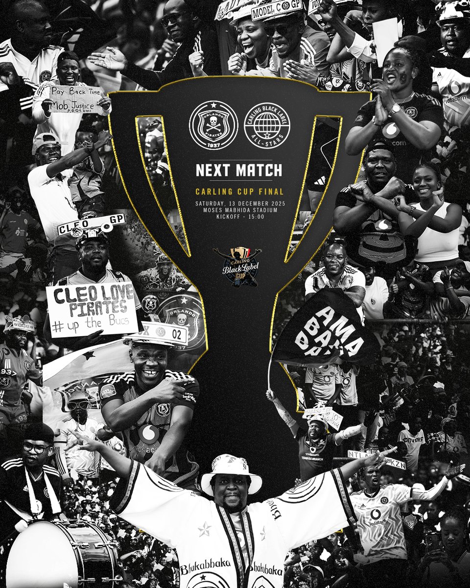 orlandopirates's tweet image. 𝐍𝐄𝐗𝐓_𝐌𝐀𝐓𝐂𝐇

🏆 #CarlingCup
🆚 Carling All Stars
🗓 Saturday, 13 December 2025
⏰ 15H00
🏟 @MMStadium 
🏷️ R40-00
🎟 shorturl.at/6wVrx

⚫️⚪️🔴⭐️
#OrlandoPirates
#OnceAlways