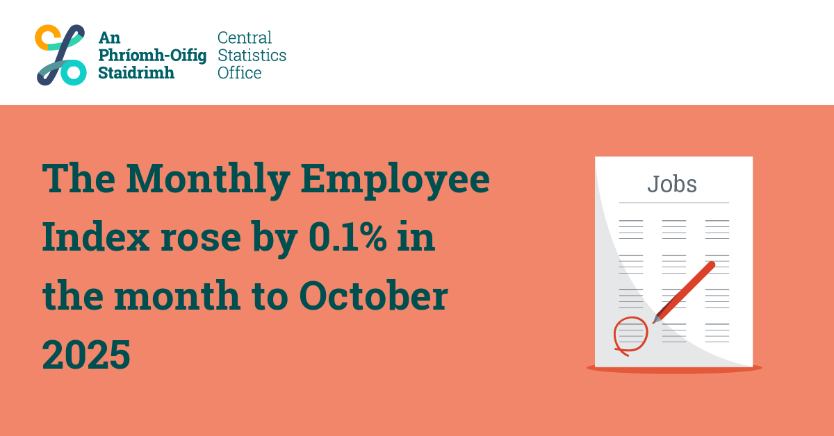 CSOIreland's tweet photo. The Monthly Employee Index rose by 0.1% in the month to October 2025
https://t.co/tVRKQl4GTD
#CSOIreland #Ireland #LabourForceSurvey #LabourForce #Households #Families #IrishFamilies #IrishHouseholds #LabourMarket #LiveRegister #Jobs #Employment #Unemployment https://t.co/eHAZSybOem