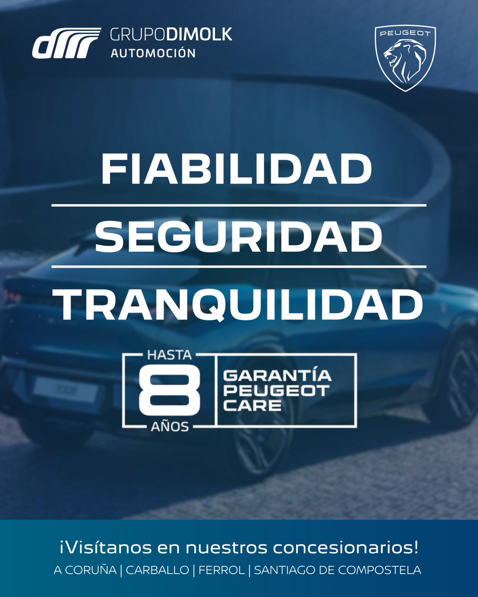 Tranquilidad. ✔️
Seguridad. 🔒
Fiabilidad. 🔧

𝐄𝐬𝐭𝐨 𝐞𝐬 𝐧𝐮𝐞𝐬𝐭𝐫𝐚 𝐠𝐚𝐫𝐚𝐧𝐭𝐢́𝐚 𝐏𝐞𝐮𝐠𝐞𝐨𝐭 𝐂𝐚𝐫𝐞. 

¡Hasta  8 años de garantía para que solo te preocupes de disfrutar del camino!  🚀 Aprovéchala al máximo en #GrupoDimolk. 🤝  grupodimolk.com