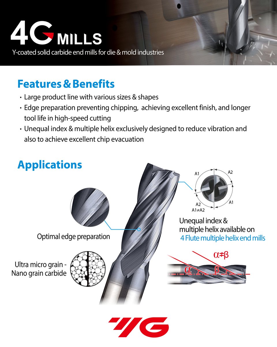 YG1worldwide's tweet image. Our 4G Mill offers a wide range of flute types tailored for various applications, especially effective in pre-hardened materials. Explore the full lineup to find the perfect tool for your needs.

🔧 Learn more-product.yg1.solutions/resource/catal…

#YG1solutions #cncmilling #millingtools