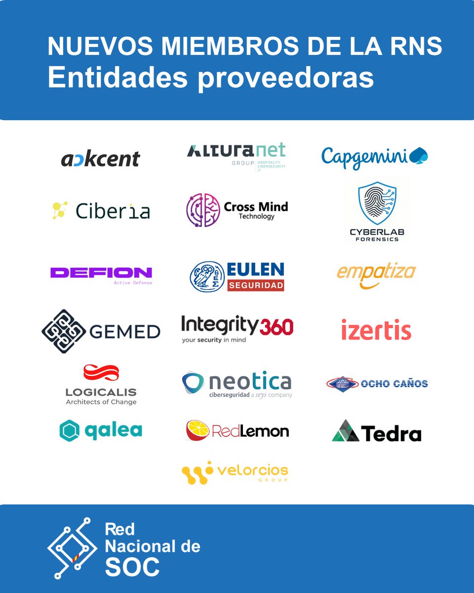 CCNCERT's tweet photo. Continúa🧵
✅Entidades proveedoras:
@ackcentsecurity, #Alturanet, #Capgemini, #Ciberia, #CrossMind, #CyberlabForensics, #DEFION, @empatizate, #GEMED, #GrupoEULEN, @Integrity360, @IZERTIS, @LogicalisES, @neoticasolution, @OchoCanos, #Qalea, #RedLemon, #Tedra, @VelorciosGroup
🧵⬇️ https://t.co/JVxIRErCTa