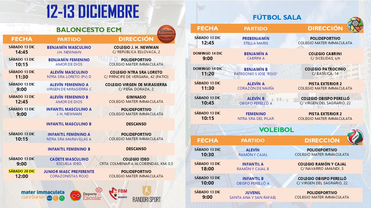 HORARIOS DE LA JORNADA DEL 13-14 DICIEMBRE DE NUESTROS EQUIPOS🏐⚽️🏀

Cada finde no es solo deporte… también significa esfuerzo, compañerismo y sobretodo ORGULLO MATER💪🏼

🗓️No te pierdas ningún partido y anima a tu equipo

1,2,3… MATER💙🤍

<a href="/RandoriSport/">Randori Sport</a> <a href="/DeportesECM/">DeportesECM</a>