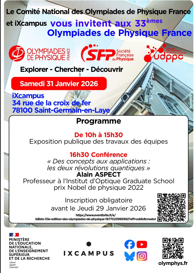 🚀Envie d'inspiration pour vos projets avec les élèves ?
Dans le cadre de l'#AnnéeDeLIngénierie, ne manquez pas les #OlympiadesPhysique !
🔎Exposition des projets, conférence d'<a href="/alain_aspect/">Alain Aspect</a> prix #Nobel de physique 2022 
🔗Inscription avant le 29 janvier edurl.fr/OpJ26