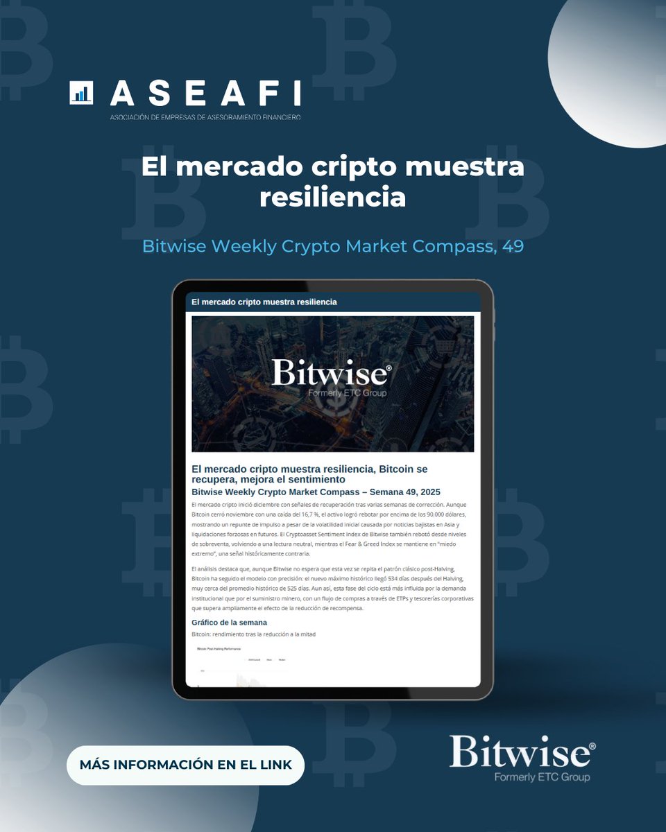 Según el informe semanal 49 de <a href="/BitwiseInvest/">Bitwise</a>, el mercado cripto muestra señales de resiliencia tras semanas de corrección.

Después de una caída del 16,7%, Bitcoin ha rebotado por encima de los 90.000 dólares.

Informe completo 👉 aseafi.es/bitwise-weekly…