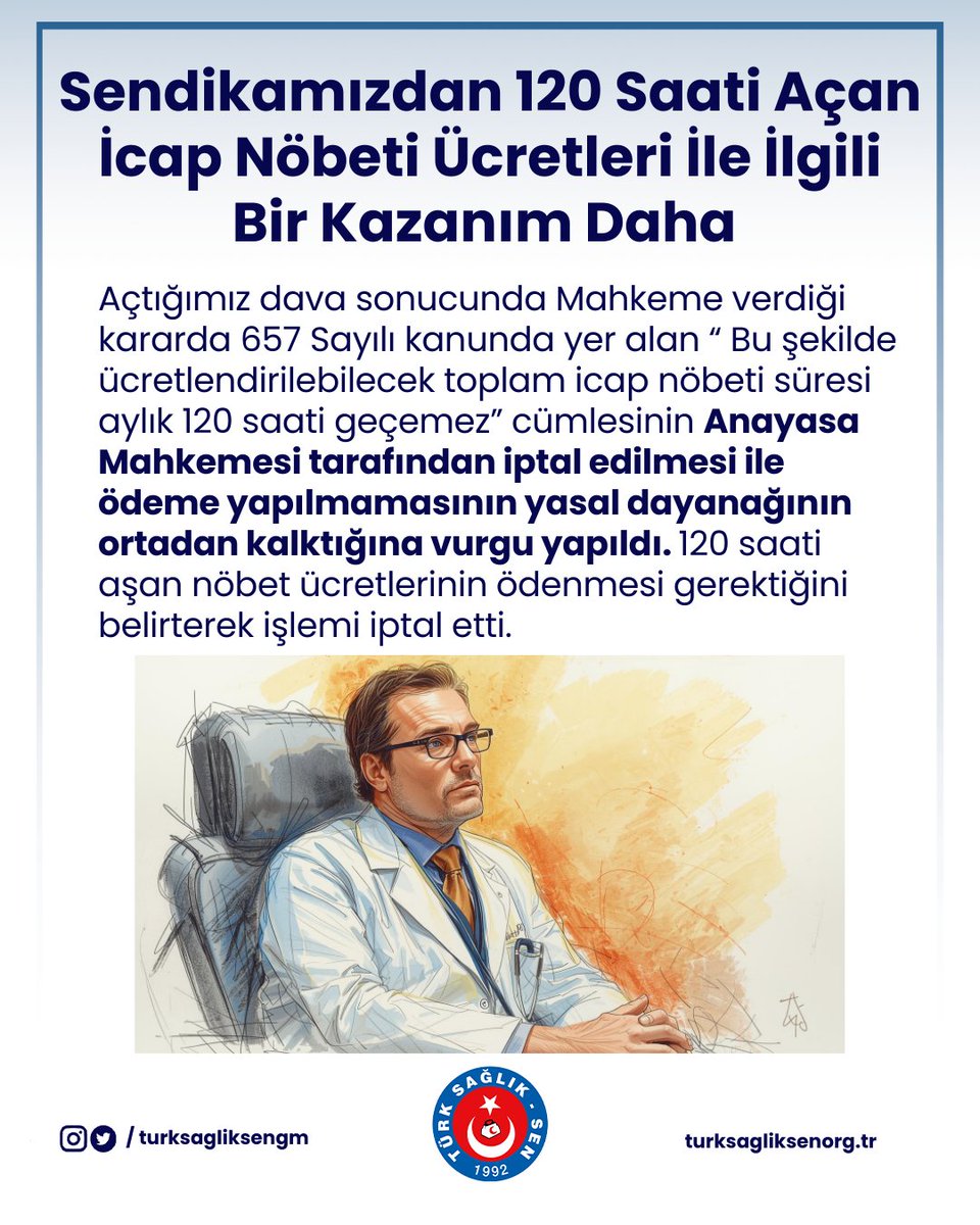 turksagliksengm's tweet photo. Kahramanmaraş’ta görev yapan uzman doktor üyemizin 120 saati aşan icap nöbetlerinin ücretinin ödenmesi için yaptığı başvuru, 120 saati aşan icap nöbetleri ile ilgili düzenlemenin iptal edilmiş olsa bile yeni bir düzenleme olmadığı için ödemeye yapılamayacağı gerekçesiyle idare tarafından reddedilmişti.
Mahkemede KAZANDIK

Haber ile ilgili ayrıntılar
https://t.co/q0k8Ej6Glm