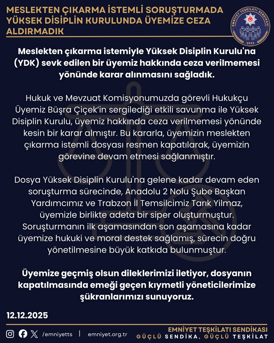 MESLEKTEN ÇIKARMA İSTEMLİ SORUŞTURMADA, YÜKSEK DİSİPLİN KURULUNDA ÜYEMİZE CEZA ALDIRMADIK

Meslekten çıkarma istemiyle Yüksek Disiplin Kurulu'na (YDK) sevk edilen bir üyemiz hakkında ceza verilmemesi yönünde karar alınmasını sağladık.

Hukuk ve Mevzuat Komisyonumuzda görevli