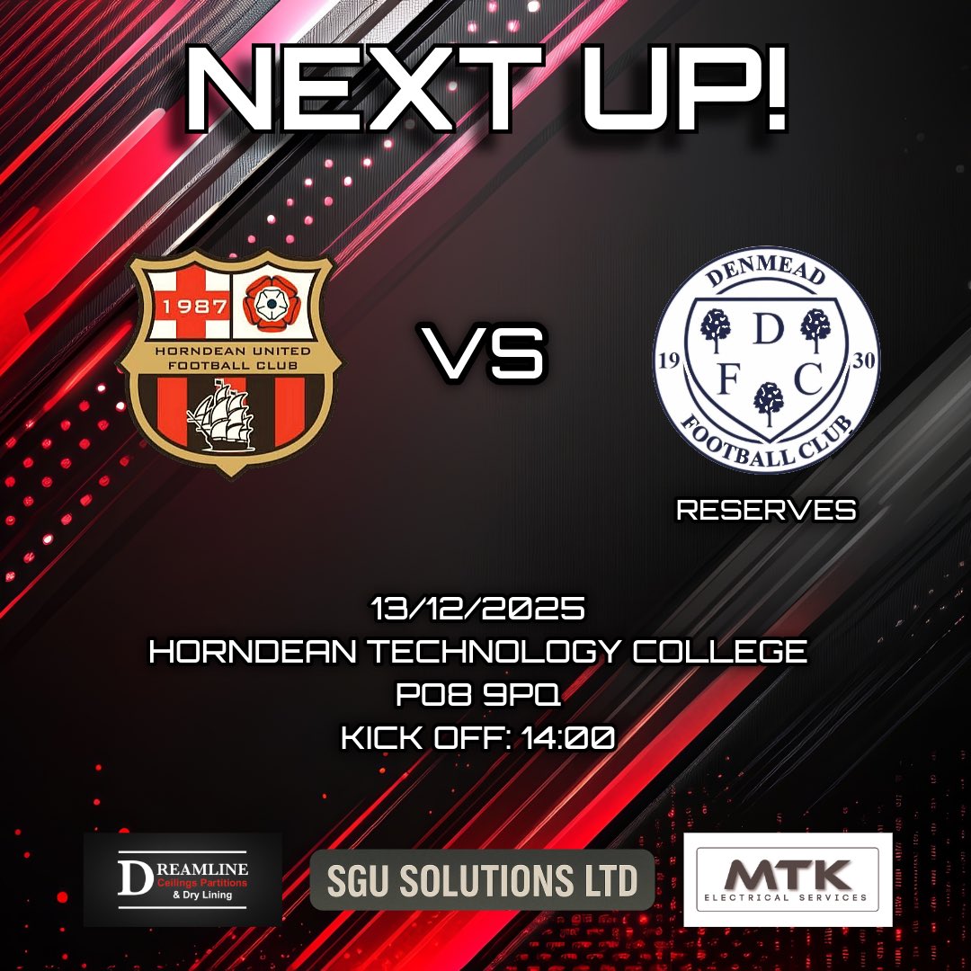 Horndean_Utd's tweet image. 🔴⚫️ NEXT UP ⚫️🔴

Final games before the Christmas break!

The first’s are back to league action hoping to continue their 100% record against Denmead.
The reserves are hoping the weather stays kind as they face Portchester at Farlington.

#upthedeans