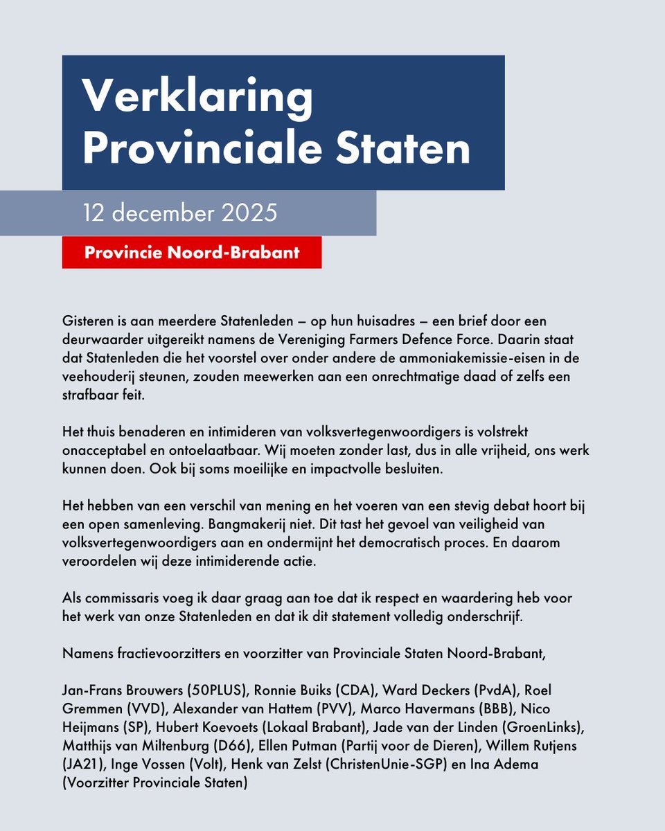Commissaris van de Koning Ina Adema sprak als voorzitter van Provinciale Staten het onderstaande statement uit: