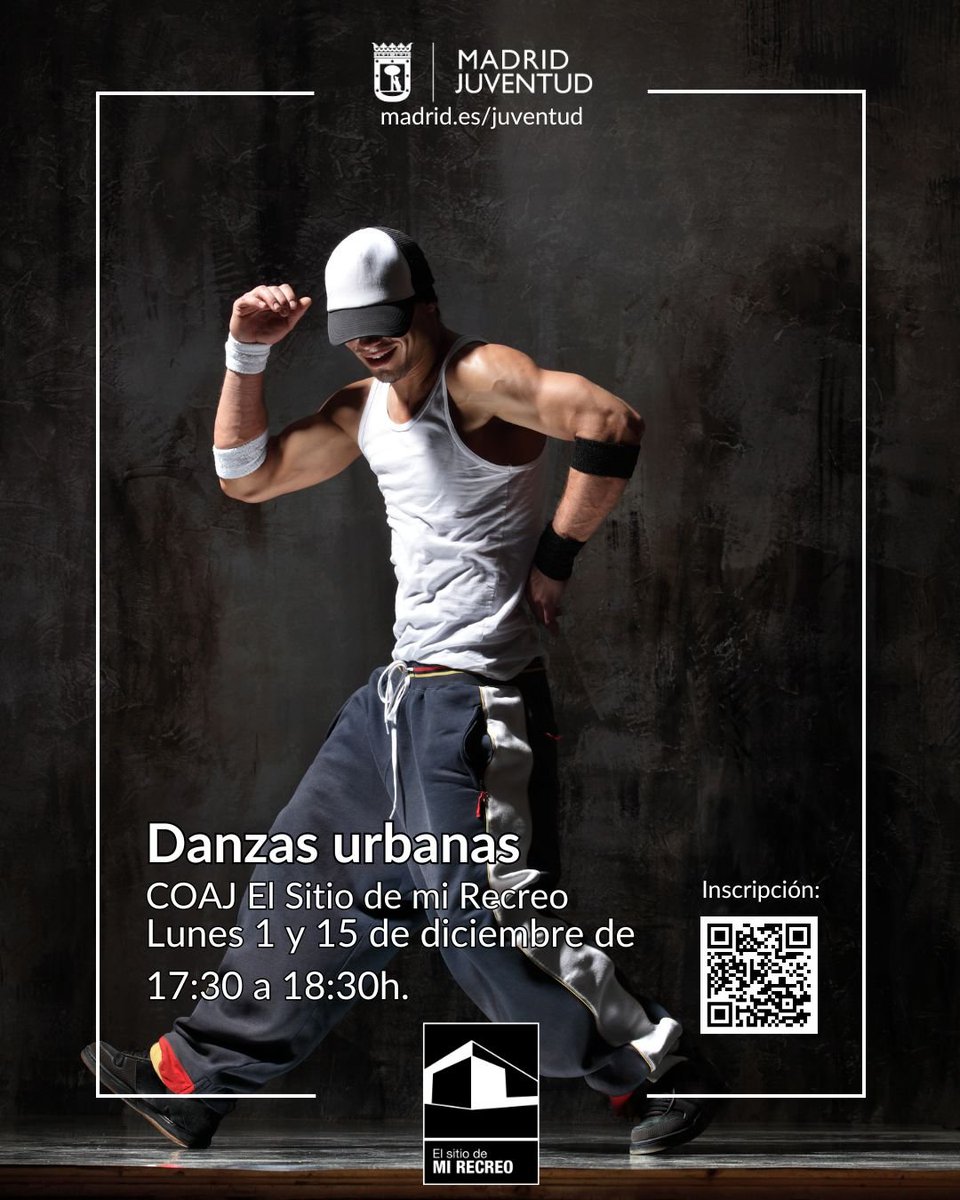 Danzas urbanas: ven a descubrir el mundo del baile y que el ritmo no pare. Lunes 1 y 15 diciembre  de 17:30-18:30h. 

lnk.at/centrosjuvenil…

#MadridEsJoven #DanzaUrbana #Deporte