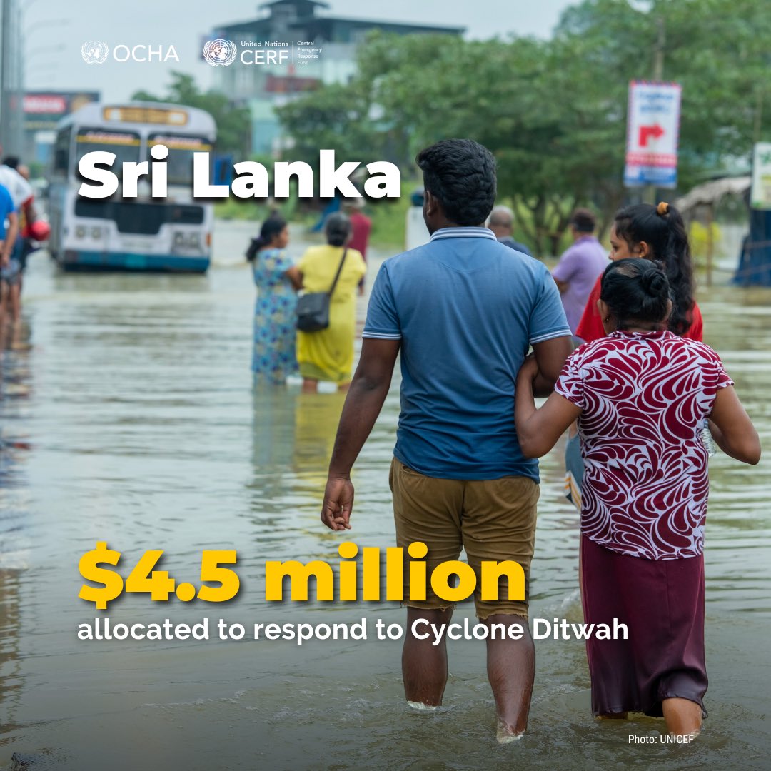 UNReliefChief's tweet photo. Cyclone Ditwah has caused severe flooding and landslides across Sri Lanka, affecting 2 million people.   I’ve allocated $4.5 million from @UNCERF to help partners reach the most affected people with cash for food, clean water and shelter. https://t.co/oJlNGXB3iQ