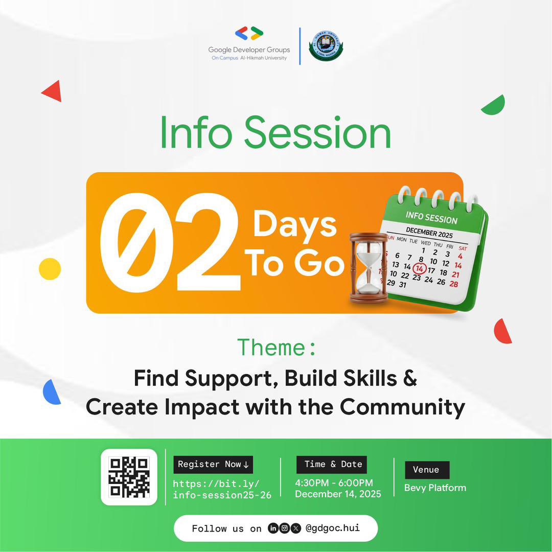 gdgoc_hui's tweet photo. 2 days left to the info session! 
Are you ready?
The countdown is real, let’s make it impactful 🤭

RSVP: https://t.co/shZgUQJKxT

#GDGoCHUI
#BuildNetworkGrow https://t.co/bS4ZFKER2j