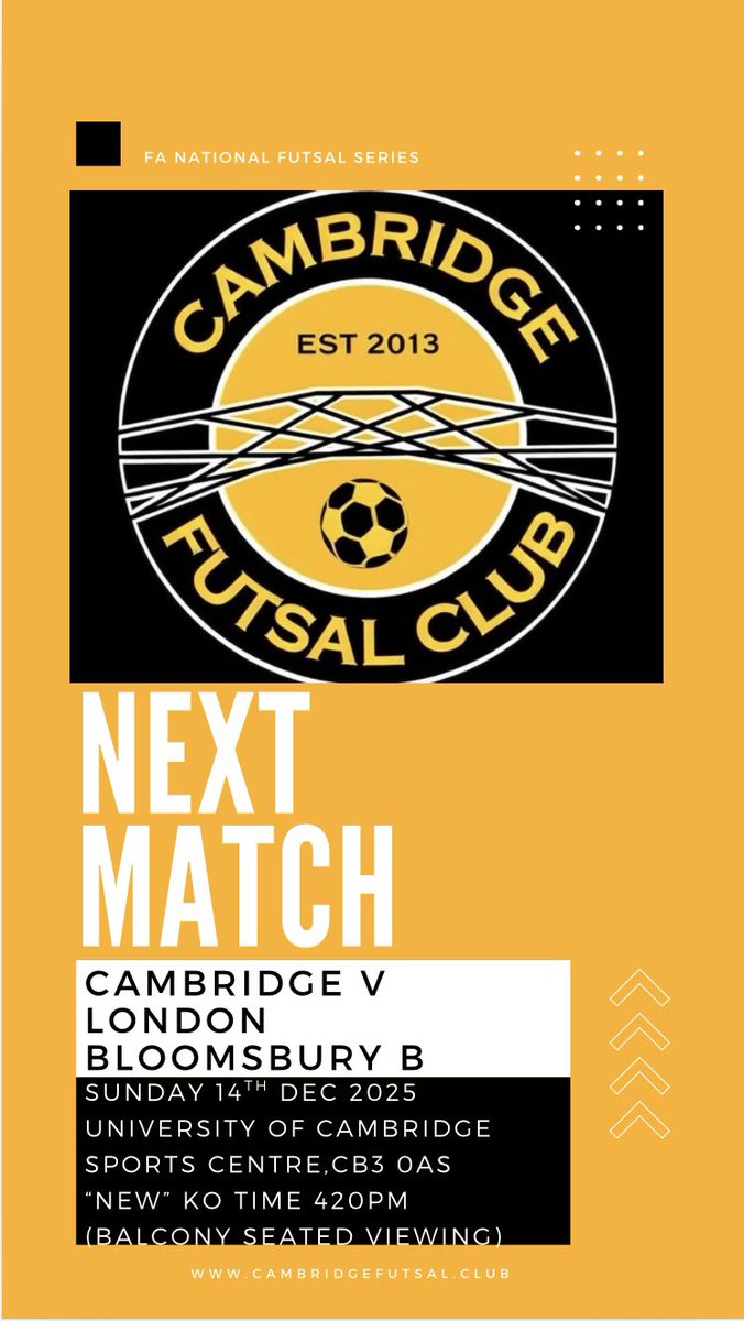 CamFutsalClub's tweet photo. ๐๐Our Menโs 1st team are home again this SUNDAY v @BloomsburyFTSL B in the @FA_NFS
Nb. Later KO 420pm
Balcony viewing only (seats avail)
๐there to support your local team CB3 0AS
#futsal #football #fiveaside #5aside #sport #Cambridge #Cambridgeshire #EastAnglia #skills https://t.co/fhyhriOotI