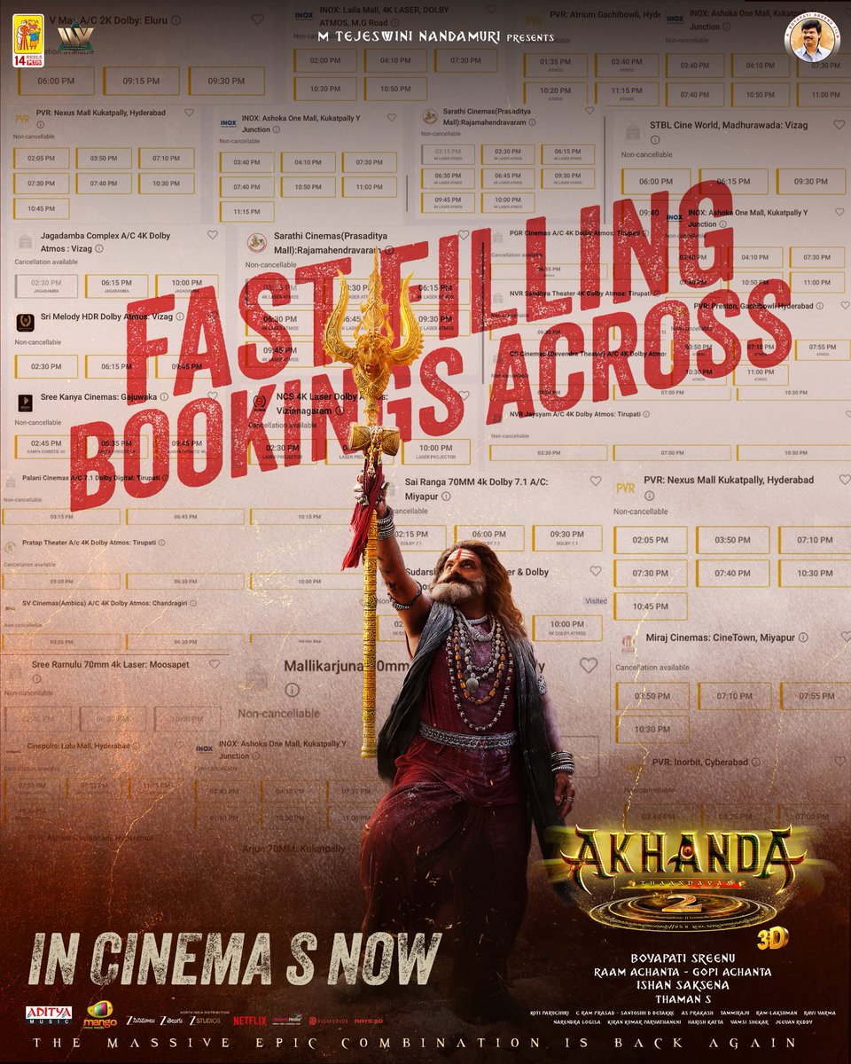 14ReelsPlus's tweet photo. Fast-filling bookings everywhere… the #Akhanda2 mania is unstoppable now. 🔥🔱

Book your tickets now!
🎟️ https://t.co/8l5WolzzT6

#Akhanda2Thaandavam 
#BlockBusterAkhanda2 https://t.co/agTPgfZsSY