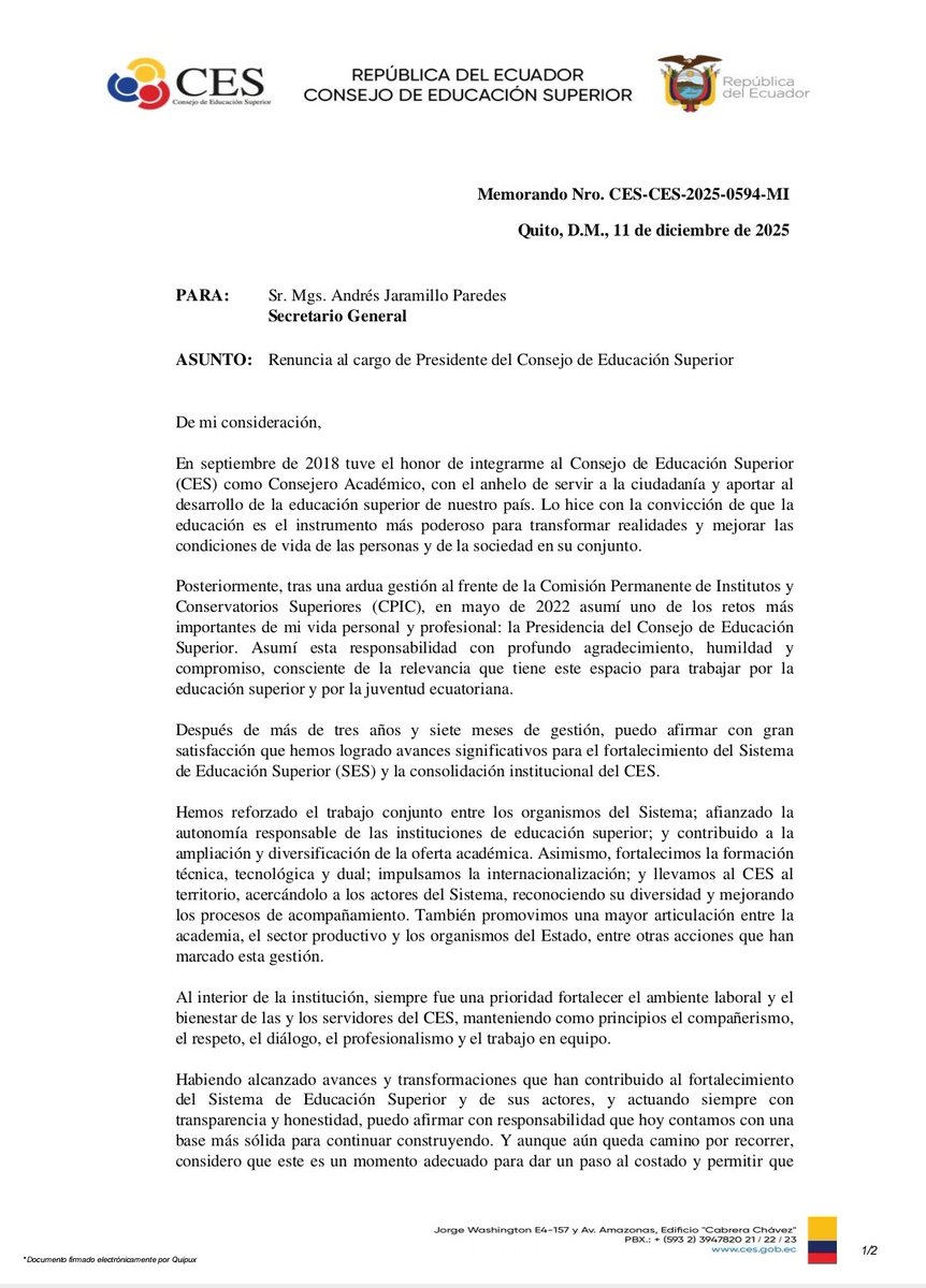 #CES▪️GOBIERNO CAMBIA DE TIMÓN EN ENTE DE EDUCACIÓN SUPERIOR 💬 La noche de este jueves, Pablo Beltrán, presidente del Consejo de Educación Superior, renunció a su cargo. Esto le permite al Gobierno de Daniel Noboa, iniciar proceso de reestructuración de universidades públicas.