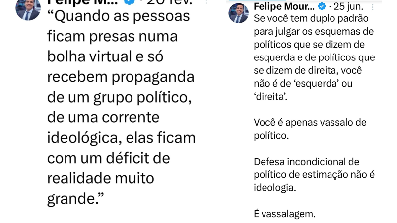 São repugnantes os Petistas, Bolsonaristas e de quem resolveu imitar a estupidez deles.

Gente manipulada, desinformada, grosseira e movida a ódio, que vive de narrativas mentirosas e desonestas.

Se as postagens deles refletem o próprio caráter, então sobrou muito pouco.
