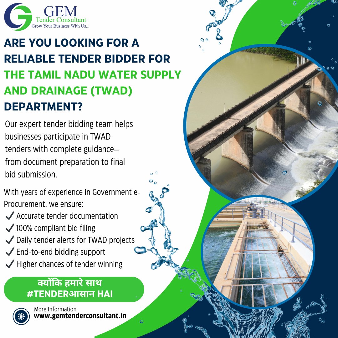 AaravTender's tweet photo. Are you looking for a reliable Tender Bidder for the Tamil Nadu Water Supply and Drainage (TWAD) Department?
Our expert tender bidding team helps businesses participate in TWAD tenders with complete guidance—from document preparation to final bid submission. https://t.co/PKKPBKJfcD