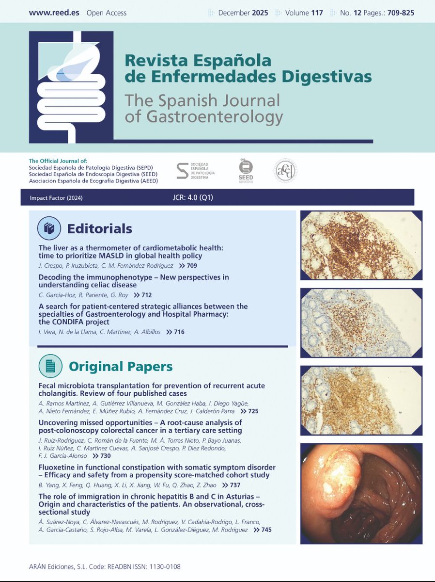 sepdigestiva's tweet photo. 📰Nuevo número de la REVISTA ESPAÑOLA DE ENFERMEDADES DIGESTIVAS (@REEDigestivas_) 
Vol.117, Número 12. Diciembre 2025

Consulta todos los contenidos de forma completamente gratuita #openaccess: https://t.co/srdEEvdFuG

#REEDigestivas https://t.co/g83B2BFsbS