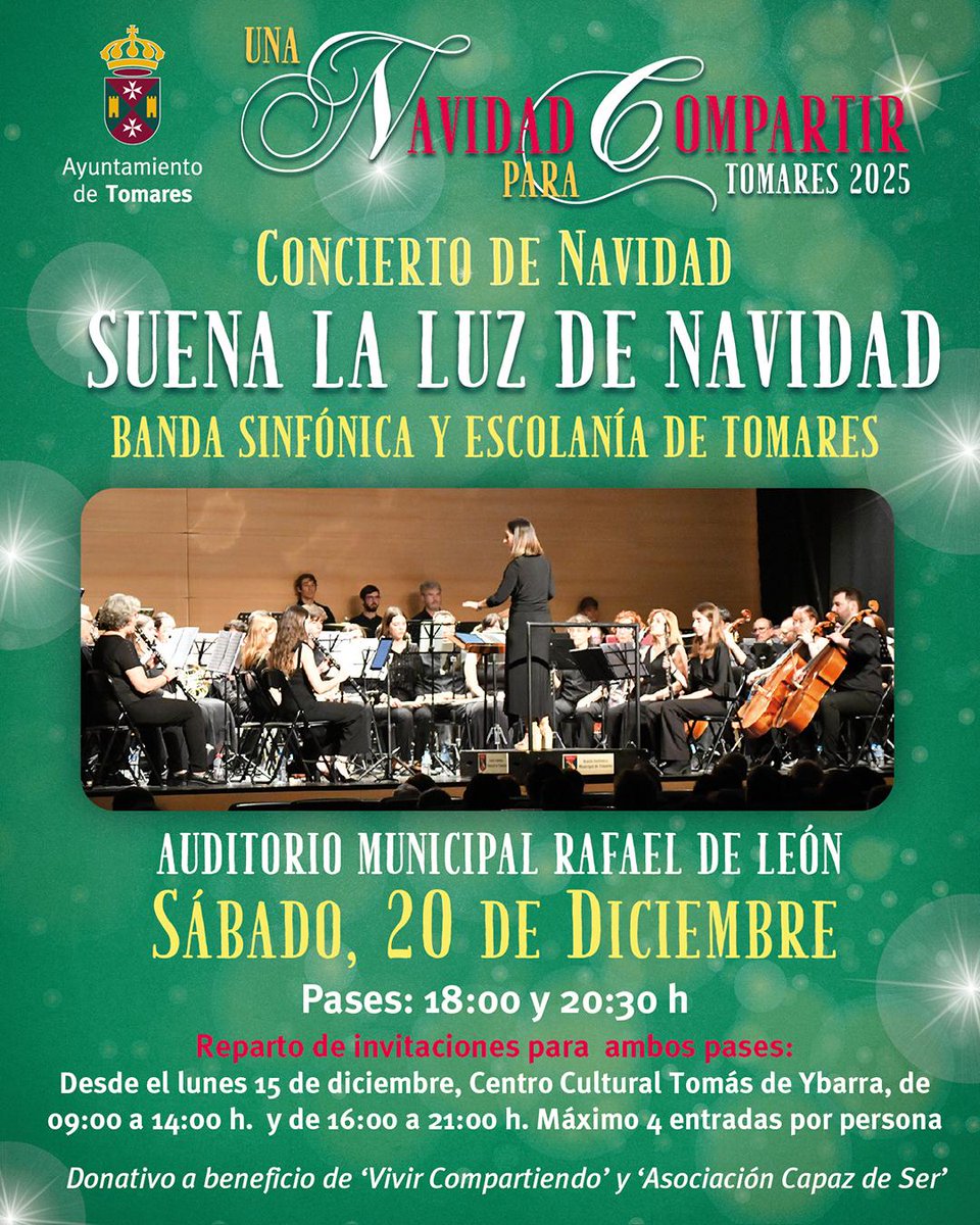 “Suena la luz de Navidad", concierto solidario, a cargo de <a href="/BSTomares/">B. Sinfónica Tomares</a> y <a href="/ETomares/">Escolanía de Tomares</a> .

📅20 de diciembre
📍Auditorio Rafael de León
🕕18:00 h y 20:30 h

🎟𝐑𝐞𝐜𝐨𝐠𝐢𝐝𝐚 𝐝𝐞 𝐢𝐧𝐯𝐢𝐭𝐚𝐜𝐢𝐨𝐧𝐞𝐬: A partir de mañana, en el C. C. Tomás de Ybarra (9:00 a 14:00 y 16:00 a 21:00).