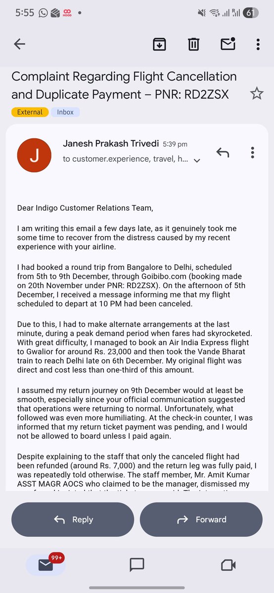 rockingjanesh's tweet photo. @IndiGo6E @IndiGo6E My BLR–DEL trip (PNR: RD2ZSX) was a nightmare. Flight on Dec 5 was canceled last minute, forcing me to spend ₹23k extra to reach Delhi. On return, staff falsely claimed “payment pending” &amp; made me pay again.Humiliating #CustomerService #IndigoAirlines #IndiGoCrisis https://t.co/TnRfXHMRVE