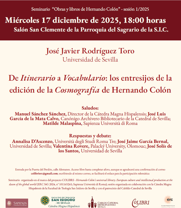 Conferencia y coloquio en torno a la edición crítica de la 𝓒𝓸𝓼𝓶𝓸𝓰𝓻𝓪𝓯𝓲́𝓪 de Hernando Colón, desde las 6 de la tarde del 17 de diciembre.