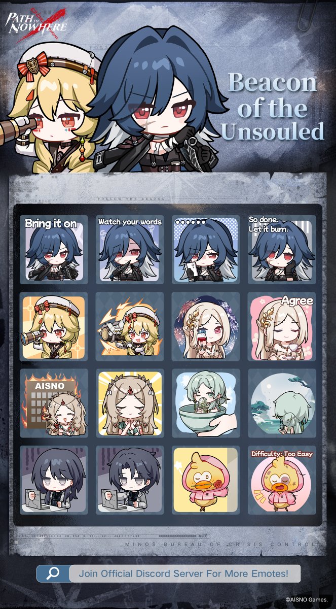 PathtoNowhereEN's tweet image. ■ Beacon of the Unsouled

Chief, we have prepared new emotes for you! Download here: bit.ly/PTNEmotes_Beac…
Join the official Discord server for previous emotes: discord.gg/pathtonowhere

#PathtoNowhere #PTN #BeaconoftheUnsouled