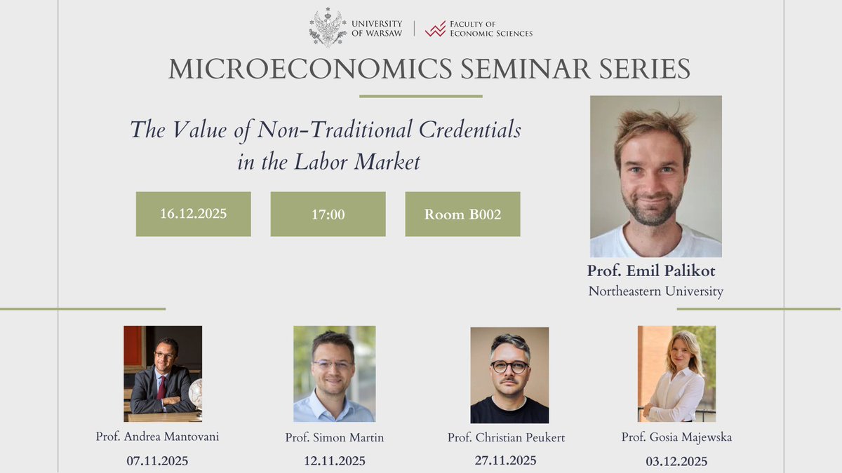 Na <a href="/EconUW/">WNE_UW</a> <a href="/UniWarszawski/">Uniwersytet Warszawski</a> o swoich badaniach opowie prof. <a href="/EmilPalikot/">Emil Palikot</a> <a href="/Northeastern/">Northeastern U.</a>. Prelekcja „The Value of Non-Traditional Credentials in the Labor Market”. Odbędzie się 16.12 o godz. 17:00 (s. B002 WNE). Organizator: prof. Lukasz Grzybowski. Więcej: wne.uw.edu.pl/badania-i-nauk…